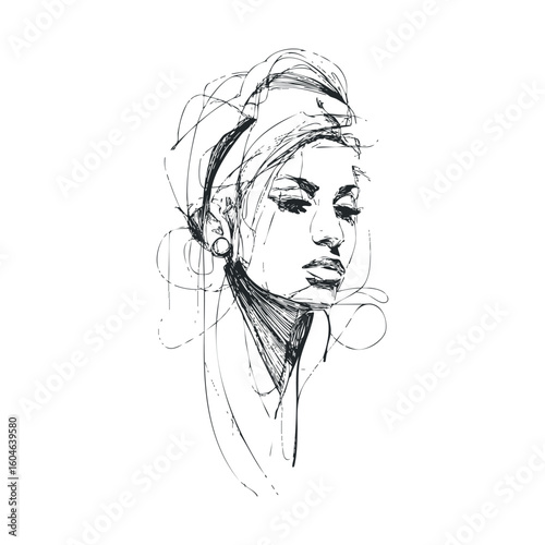 Elegant sketch of a woman with headscarf and earrings for art print