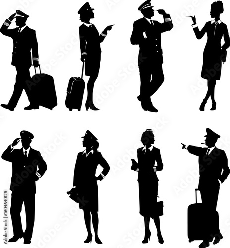 Airline Crew Silhouettes Featuring Pilots and Flight Attendants in Uniform Poses