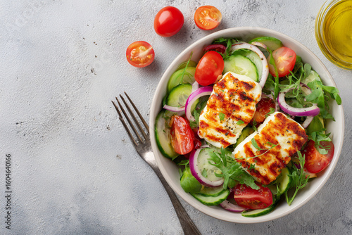 Fresh Salad with Grilled Halloumi Cheese in White Bowl – Selective Focus on Light Grey Background

