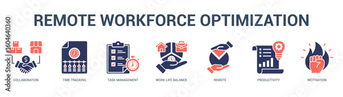Remote Workforce Optimization Modern and clean web banner illustration featuring thematic icons for visual communication
