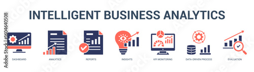 Intelligent Business Analytics Modern and clean web banner illustration featuring thematic icons for visual communication
