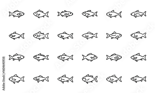 Simple Line Art Food Icons – Egg, Burger, Cheese, Chocolate, Cupcake, Cookie, Candy, Fish, Fries, Jam, Cake, and Breakfast Symbols for Culinary and Nutrition Design