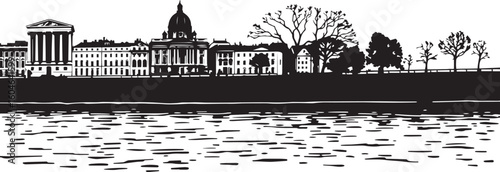 An urban landscape with a river. Hand drawn vector illustration	