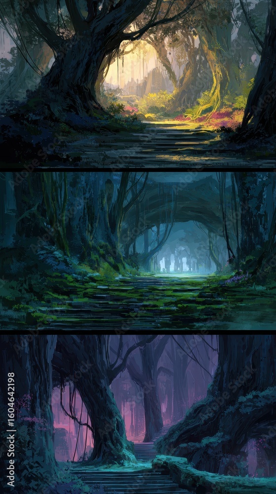 Fototapeta premium Forest paths artwork daytime, evening, and nighttime, for fantasy game design