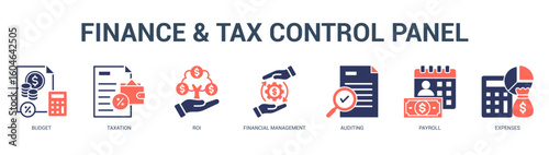 Finance and Tax Control Panel Modern and clean web banner illustration featuring thematic icons for visual communication