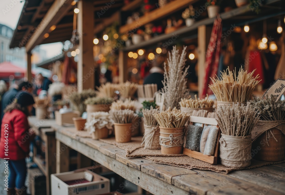 Fototapeta premium Seasonal craft fair setup with handmade decorations and natural materials