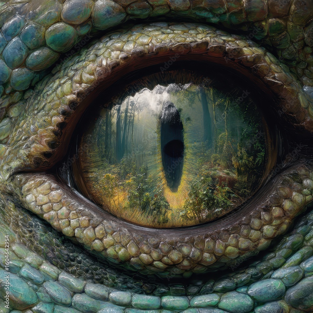Fototapeta premium Reptile eye reflects forest growth. Wildlife concept, wallpaper, ecology theme