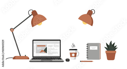 Illustration of a desk setup with laptop lamps coffee notebook pencil and potted plant on a white background