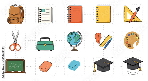 Illustration of school supplies including a backpack globe and various stationery items spread out nicely