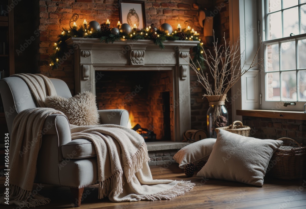 Fototapeta premium Cozy fireplace setup for a warm winter evening with soft blankets