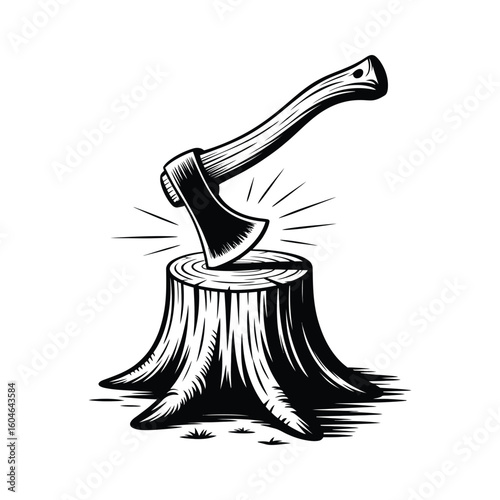 Black and White Woodcut Style Axe Chopping Tree Stump Illustration