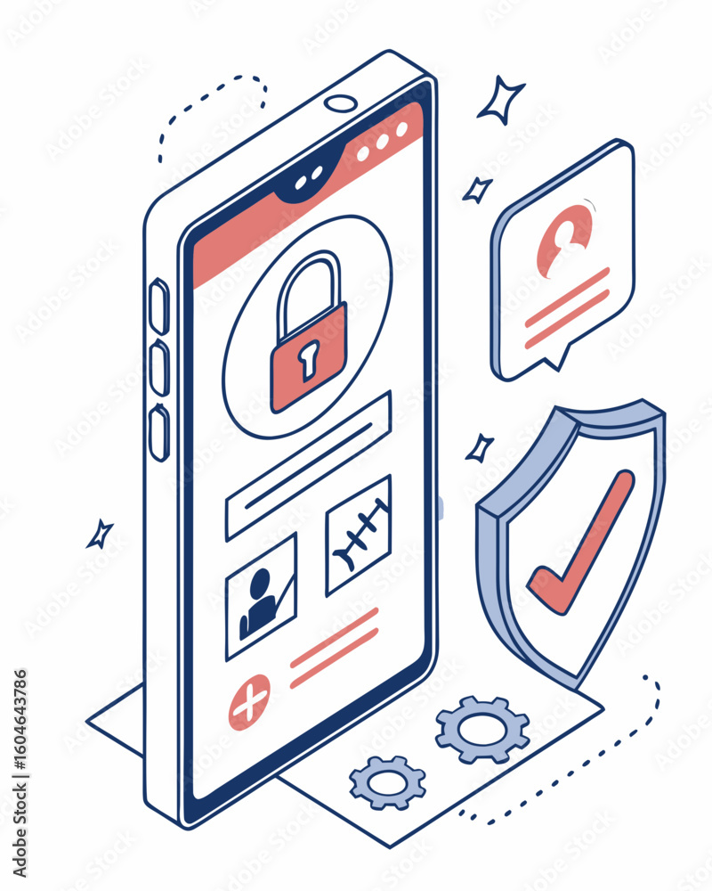 Fototapeta premium Mobile phone security vector showing smartphone with lock screen app permissions antivirus scan and secure messaging