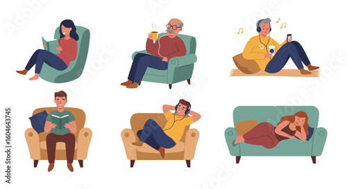 Illustration showing people relaxing in different positions and activities at their homes calmly