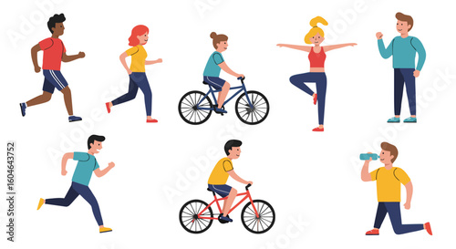 Illustration depicting various people engaging in different physical activities and exercises outdoors