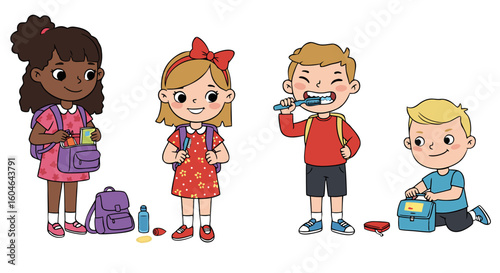 Cartoon illustration of children getting ready for school with backpacks and lunchboxes at home time