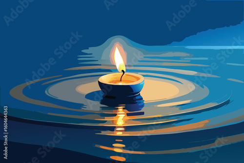Single Tealight Candle Flame Floating on Water Surface Vector Illustration