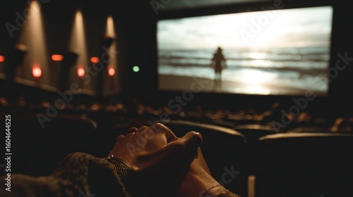 Hands clasped in a movie theatre, watching a film