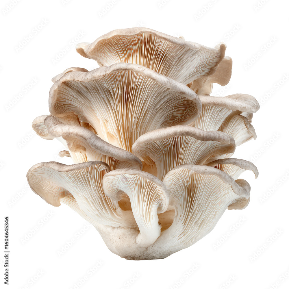 Close-up of several oyster mushrooms clustered together. Light beige and gray tones Close-up of several oyster mushrooms clustered together. Light beige and gray tones