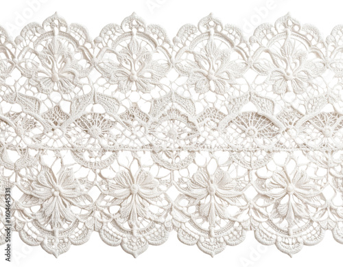 Delicate white lace fabric featuring scalloped edges, presenting soft texture and elegant design against transparent background, ideal for wedding-related creative work 