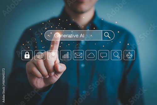 A man points to a search bar with the words generative ai on a screen