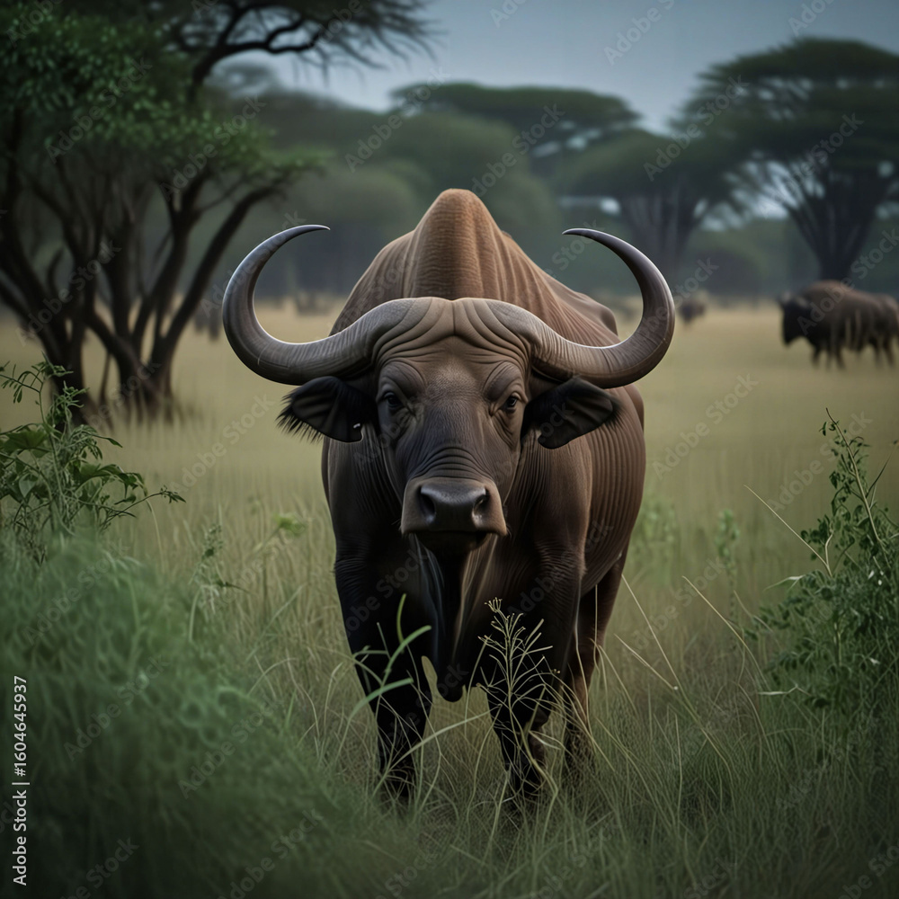 Obraz premium A cape buffalo standing in tall grass of the African savanna. Dangerous wild animal. Generative AI