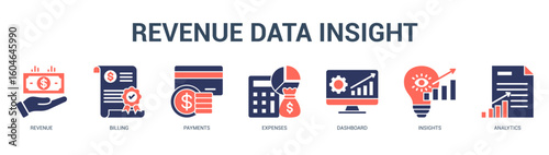 Revenue Data Insight Modern and clean web banner illustration featuring thematic icons for visual communication