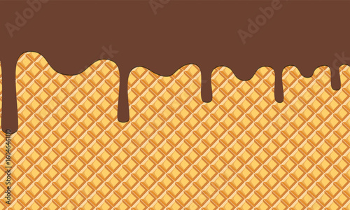 Melting chocolate ice cream on a wafer background. Waffle cone with dripping chocolate dessert texture. Minimalist flat design for banner templates, posters, labels, and vector illustrations.