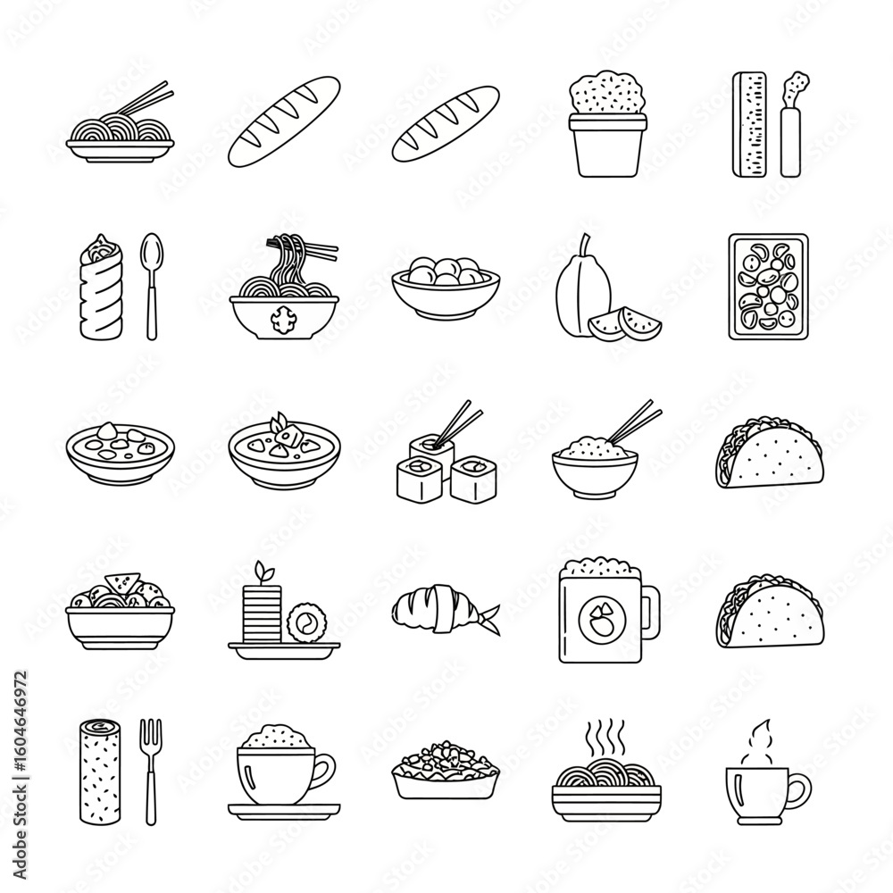 Fototapeta premium A diverse collection of food and beverage line icons, featuring international cuisine like sushi, tacos, and noodles.