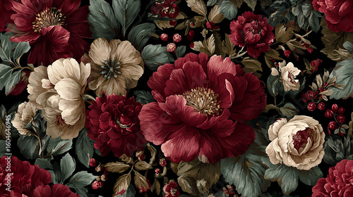 Richly textured dark floral pattern with deep red and cream peonies