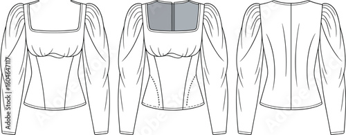 Women’s puff sleeve corset top technical flat sketch, square neckline fashion blouse, CAD vector drawing front and back view
