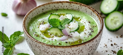 A healthy bowl of cool gazpacho featuring onions and olive oil.