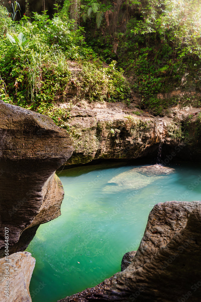 Naklejka premium A serene natural pool surrounded by rocky cliffs and lush greenery, with sunlight illuminating the turquoise water at Charco Azul, Puerto Rico.