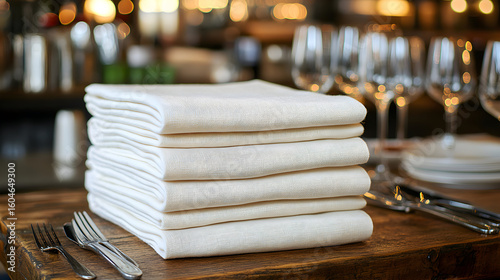 A stack of white linen napkins on a wooden table in a restaurant setting.