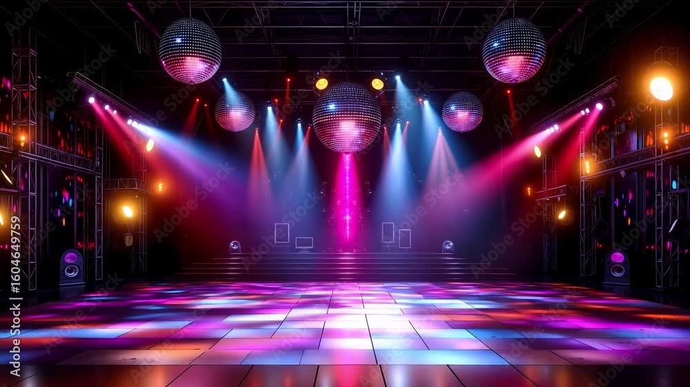 A dance floor with disco balls and spotlights in a dark room