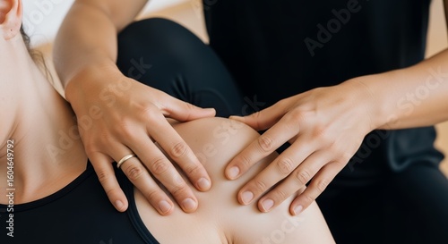Close-up of a physiotherapist applying pressure to a client's shoulder during treatment, concept for chiropractic therapy rehabilitation wellness and massage session