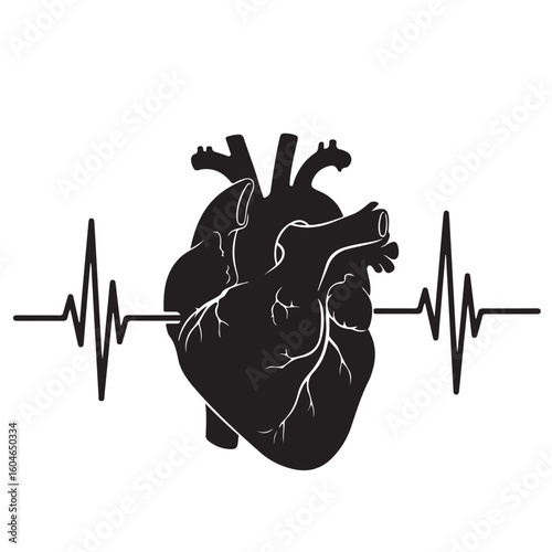 Black and white anatomical heart illustration with heartbeat line, vector graphic design element