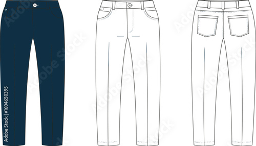 Women's slim-fit dark denim jeans technical flat sketch, front and back view, CAD vector drawing, pocket and seam details
