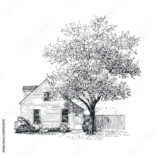 Cozy house under a blooming tree in a peaceful neighborhood setting