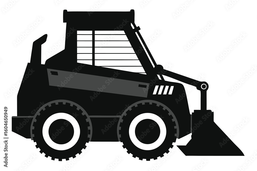 Naklejka premium Skid Steer Loader Illustration Construction Equipment Heavy Machinery Work Vehicle Black and White Image Design Graphic Art