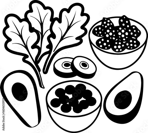SVG vector of fresh healthy food for losing weight.Fresh Vegetables and Fruits in Black and White Style