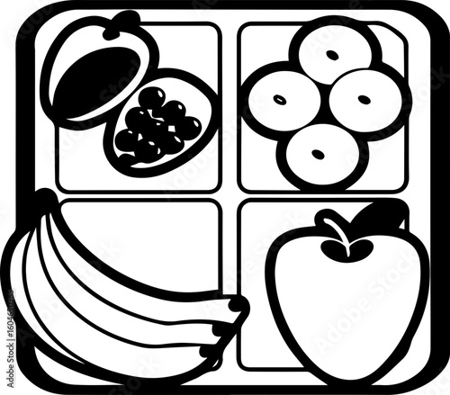 SVG vector of fresh healthy food for losing weight.Colorful fruit arrangement in a divided lunch box design