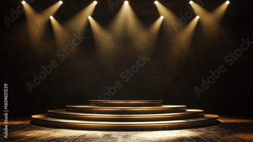 A dimly lit stage with a wooden podium and spotlights casting a warm glow.