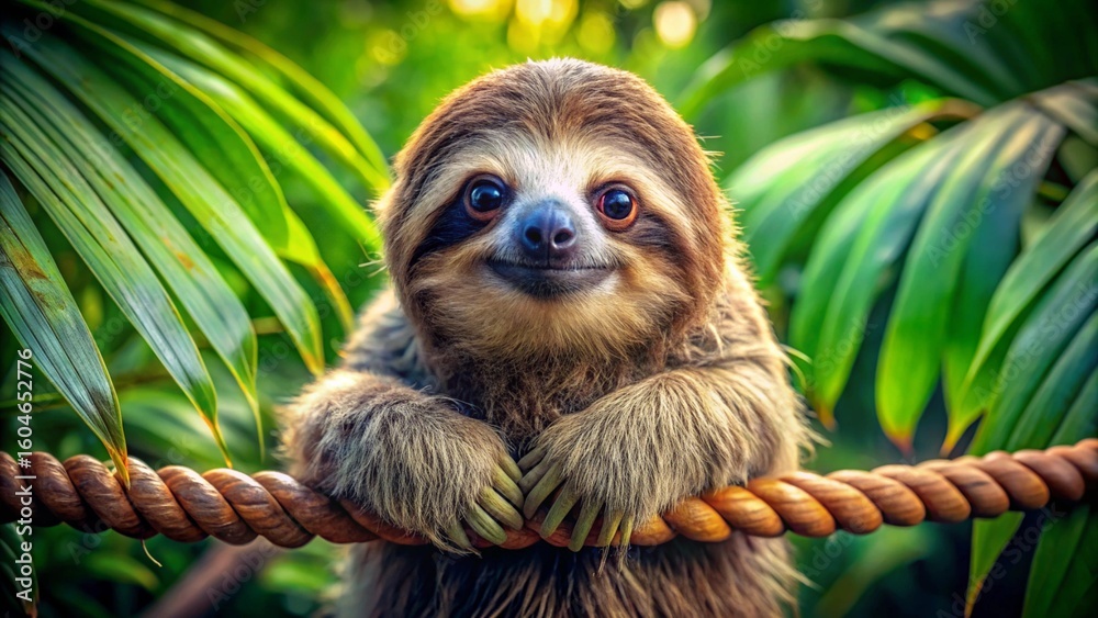 Naklejka premium A small, cute squirrel monkey with soft fur and a sweet face sits on a branch in its natural rainforest habitat