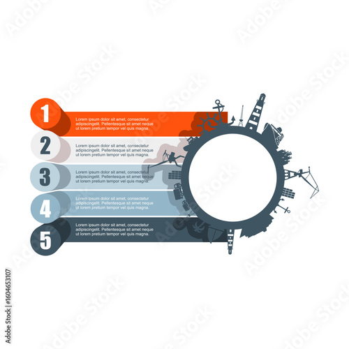 Cargo port and travel relative silhouettes with five features or option of project to select. Minimal infographic illustration for business and transportation visualization.