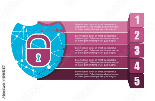 Cyber security concept. Shield low poly style. with five features or option of project to select. Minimal infographic illustration for business and technology information visualization.