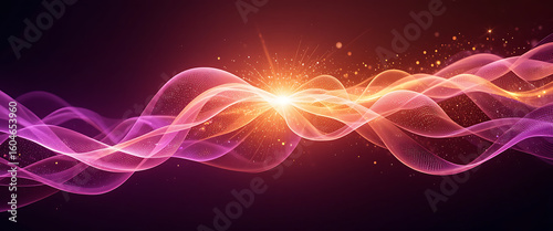 abstract multiple musical rythem wavy transparent glowing purple and pink gradient line in shimmering style collided each other and make sparkling golden fire on the spreading, spreading lights across