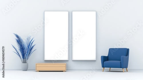 Modern Minimalist Interior Design Mockup:  Blank Canvas, Blue Chair, and Elegant Plant