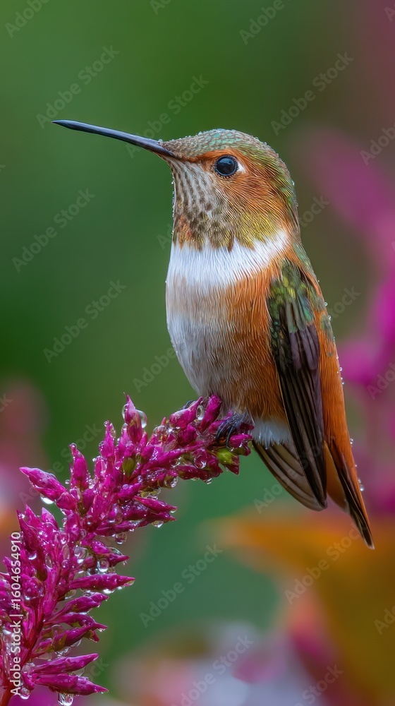 Obraz premium Captivating Portrait of a Rufous Hummingbird Perched on a Vibrant Magenta Flower Branch, Showcasing its Delicate Feathers and Graceful Posture in a Natural Setting