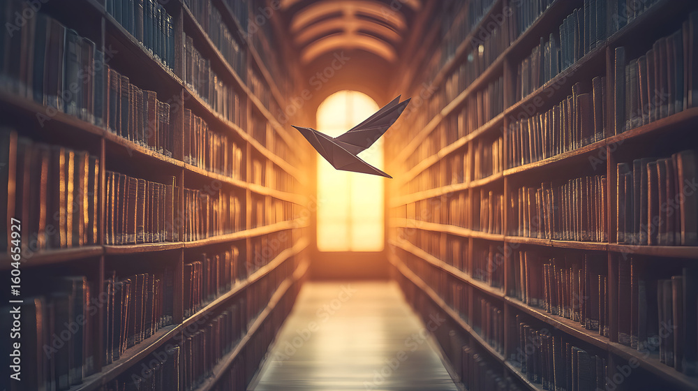 custom made wallpaper toronto digitalA bird in flight in a long library hallway with bookshelves