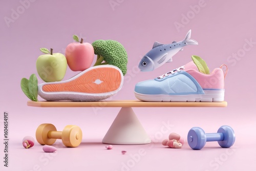 Healthy lifestyle balance.  Fruits, fish, and protein balanced against exercise footwear on a scale